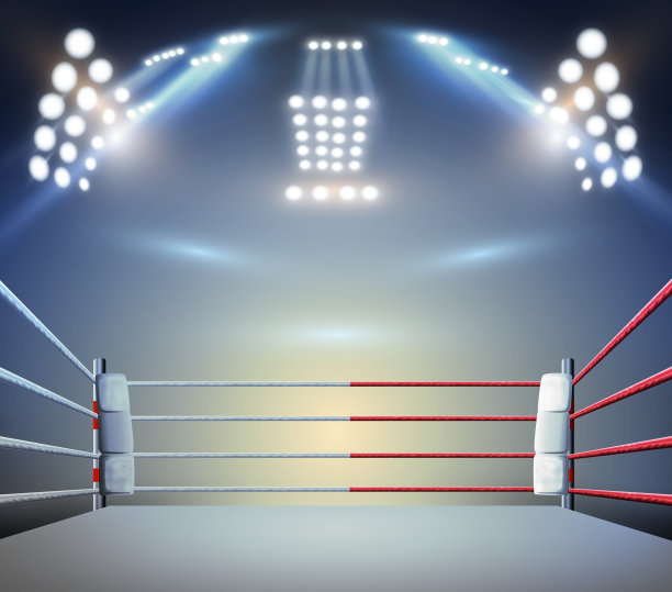 由聚光灯照明的拳击台。数字效果3d渲染。图片下载