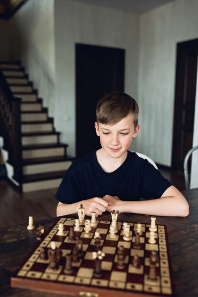 一个男孩在隔离期间在家下棋。休闲爱好。图片下载