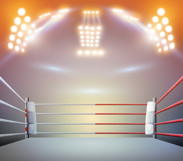由聚光灯照明的拳击台。数字效果3d渲染。图片下载