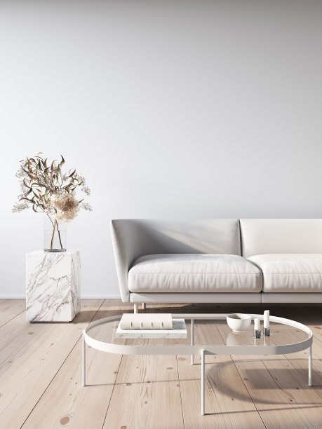 现代极简主义的白色内饰，橙色沙发和咖啡桌。3d渲染插图模拟。图片下载