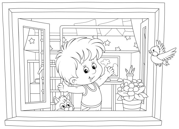 小男孩在窗前做早操图片下载