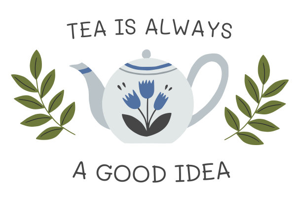 喝茶总是一个好主意。打印蓝色茶壶和报价。图片下载