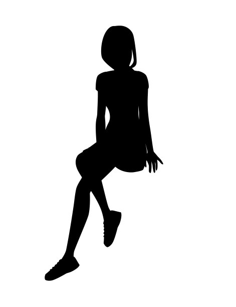 黑色剪影年轻女孩在坐姿穿着休闲服装卡通人物时尚女模特设计平面矢量插图孤立在白色背景图片下载