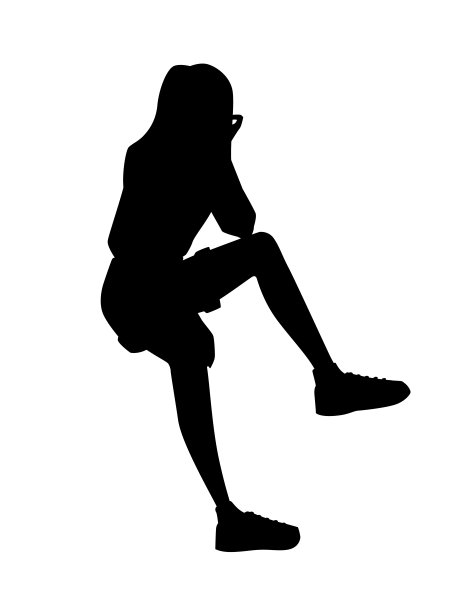 黑色剪影年轻女孩坐在姿势穿着休闲服装卡通人物时尚女性模特设计平面矢量插图孤立在白色的背景图片下载