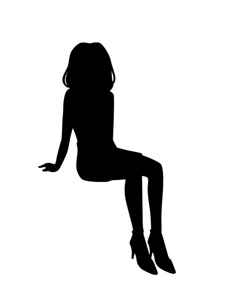 黑色剪影年轻女孩在坐姿穿着休闲服装卡通人物时尚女模特设计平面矢量插图孤立在白色背景图片下载