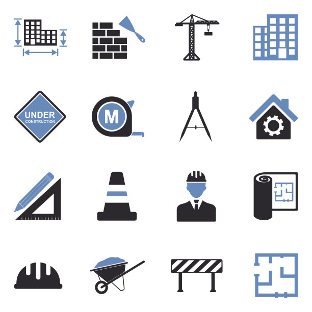 建筑和建筑图标。双音平面设计。矢量插图。图片下载