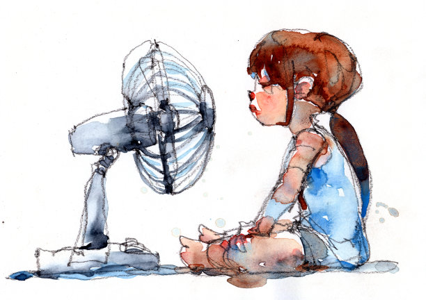 水彩画的小女孩坐着看电扇，手绘在纸上的插图扫描图片下载