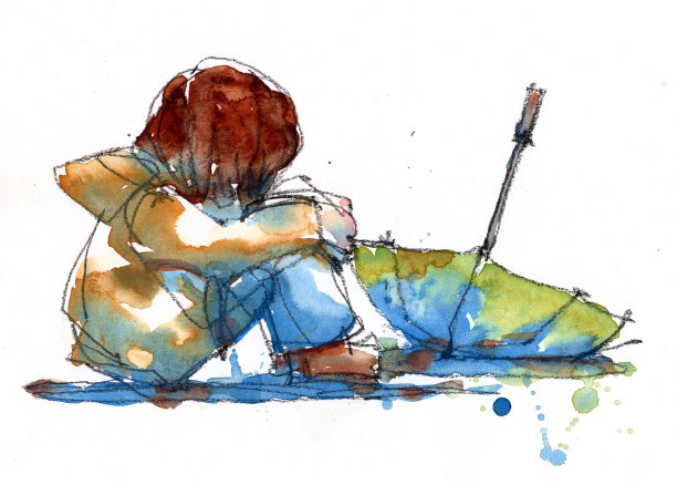 悲伤的女孩坐在地板上的水彩画毛衣与黄色伞，手绘在纸插图扫描图片下载