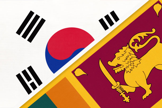 韩国和斯里兰卡国旗象征纺织品。两国之间的冠军。图片下载