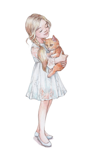 女孩拥抱凯蒂水彩画艺术图片下载