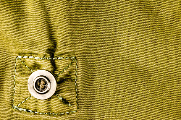 服装项目石洗棉织物纹理与接缝，扣，纽扣和铆钉，宏观图片下载