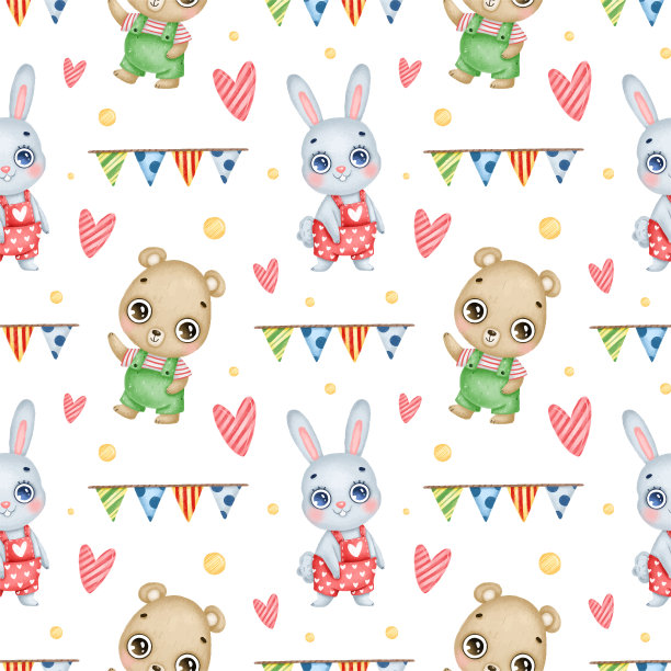 可爱的卡通森林动物生日无缝模式上的白色背景。有一只兔子和一只熊的生日派对。图片下载