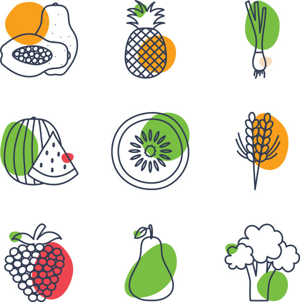 水果和蔬菜线条颜色风格图标设置图片下载