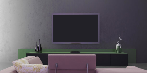 客厅室内设计，绿色和经典的灰墙，现代和极简主义的电视柜，简约的设计，花瓶装饰，前视图与框架模拟垂直海报，3D插图图片下载