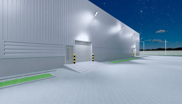 3d渲染机库建筑外部和卷帘门和铺砖地板在晚上的时间。图片下载