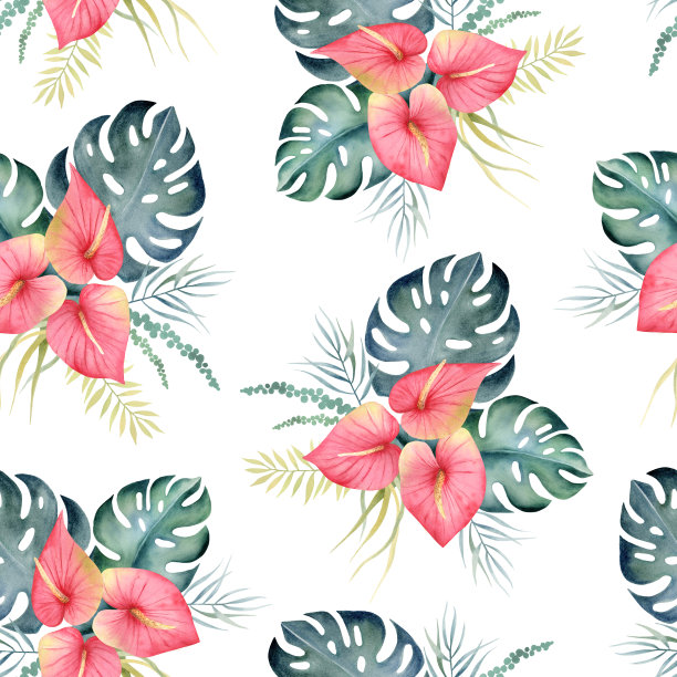 水彩手绘热带怪物的叶子和粉红色的花红掌无缝模式在白色的背景。花卉剪纸插图的异国情调的植物设计包装，墙纸，家纺。图片下载
