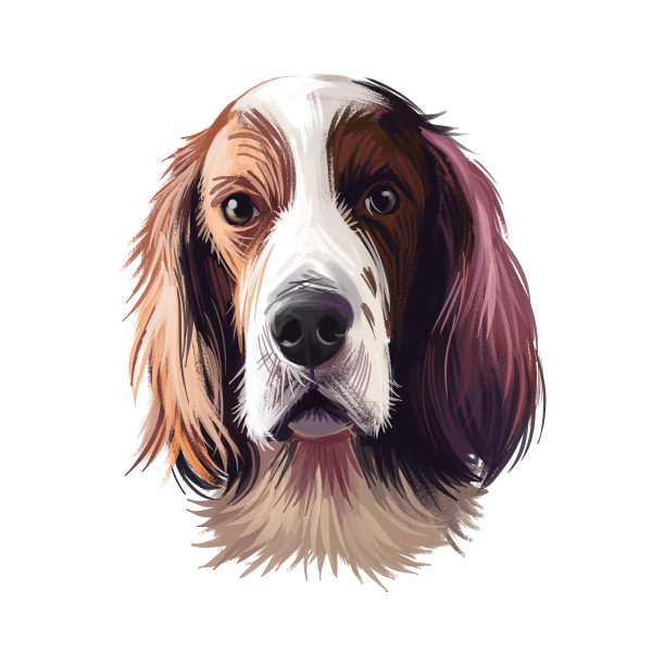 爱尔兰红白Setter狗数字艺术插图孤立在白色的背景。爱尔兰起源的猎犬。宠物手绘肖像。图形剪辑艺术设计的网页，打印图片下载