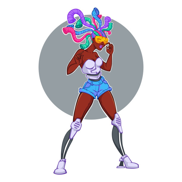 性感美丽的美国黑人霓虹赛博朋克矢量女孩形象图片下载