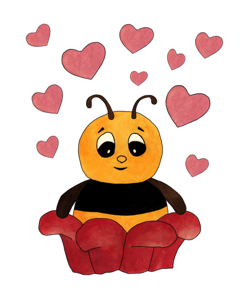 红色花朵中的蜜蜂的水彩画图片下载