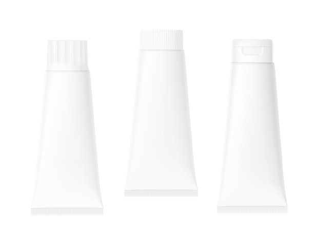 空白塑料管模型设置化妆品与盖。正面视图。图片下载