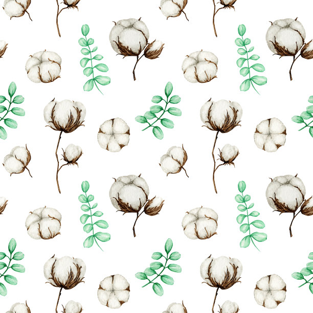 水彩棉花枝无缝图案。植物手绘生态产品插图。棉花花的芽球在复古风格。绿叶，植物球自然织物纹理设计图片下载