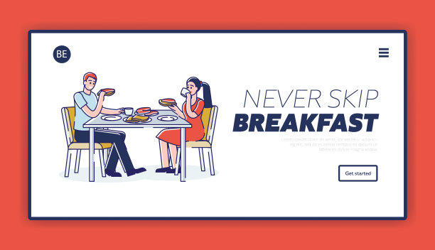 家庭共进早餐，生活方式登陆页面设计。男人和女人吃三明治，喝咖啡图片下载