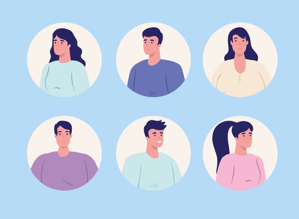 脸，蓝色背景上的圆形框里的年轻人图片下载