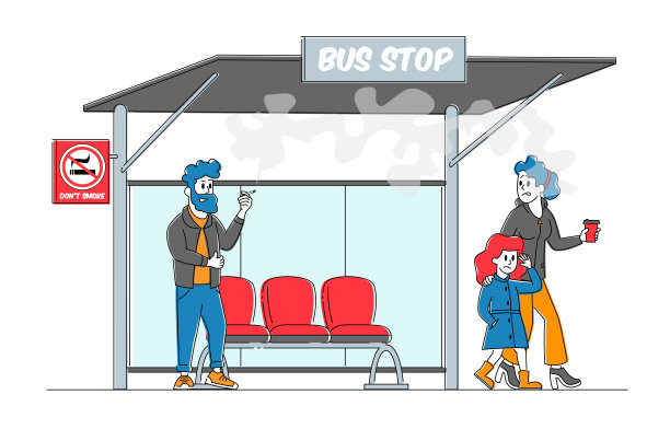 女人物与女儿一起散步，女儿对男人在公共场合吸烟感到不满，母亲对吸烟者感到愤怒，二手被动吸烟的社会问题，不健康的生活方式。线性人物矢量图图片下载