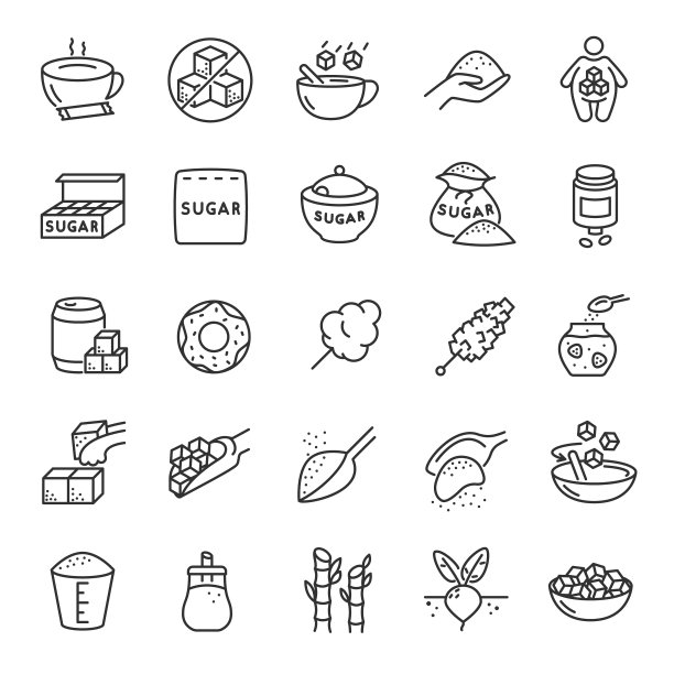 糖,图标集。生产，使用和产品，线性图标。可编辑的中风图片下载