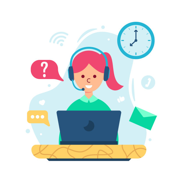 平面设计中的客户服务概念-配有耳机和笔记本电脑的女插画图片下载