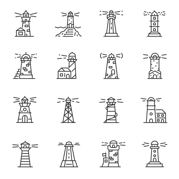 灯塔,图标集。海上灯塔，线性图标。可编辑的中风图片下载