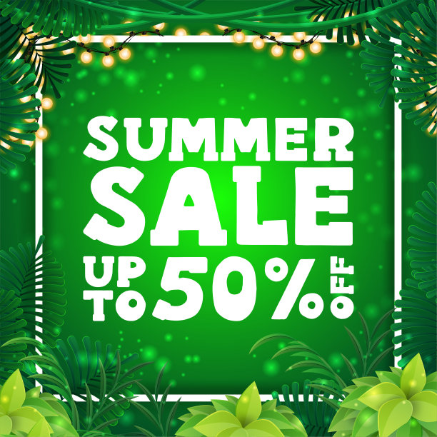 夏季销售，绿色方形折扣横幅与框架热带树叶围绕白色线框架，大报价和框架的明亮的花环图片下载