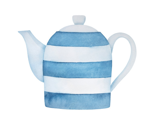 舒适的茶壶，装饰着白色和柔和的蓝色条纹。一个物体，侧视图。手绘水彩图形插图，剪纸元素设计装饰，海报，卡片，横幅。图片下载