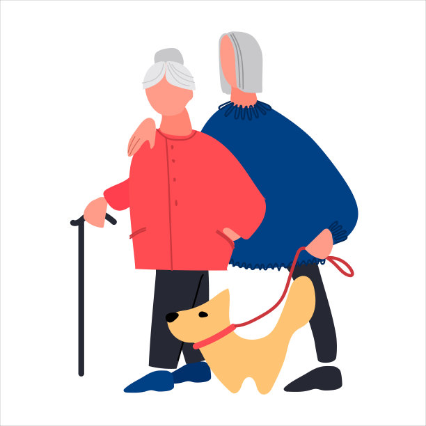 老人在遛狗。一对老年夫妇在一起散步。矢量插图在平面风格图片下载