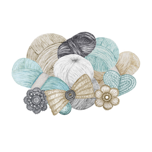 斯堪的纳维亚风格钩针商店标志，品牌，阿凡达组成的钩子，纱线，钩针心，弓，花。爱好的标志。蓝色灰色米色水彩插图手工或钩针图片下载