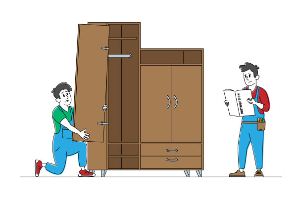 家具制造商专业和服务，勤杂工阅读组装家具说明书，工人特征与工具组装柜，建筑工程概念。线性人物矢量图图片下载