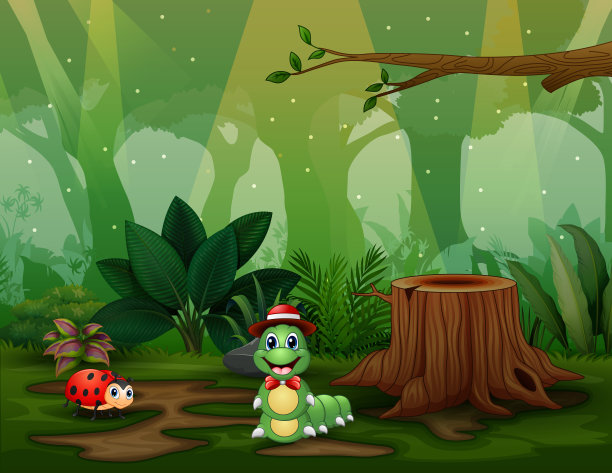 花园插图中植物和昆虫的场景图片下载