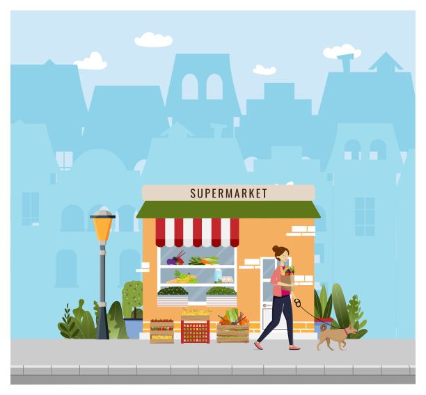 杂货店，超市购物与店面的背景。矢量插图。一名年轻女子拿着满满一袋食品在说话图片下载