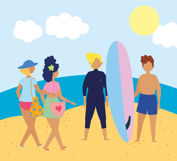 夏季人们的活动，人们穿着泳衣在海滩冲浪，在海边放松和户外表演休闲图片下载