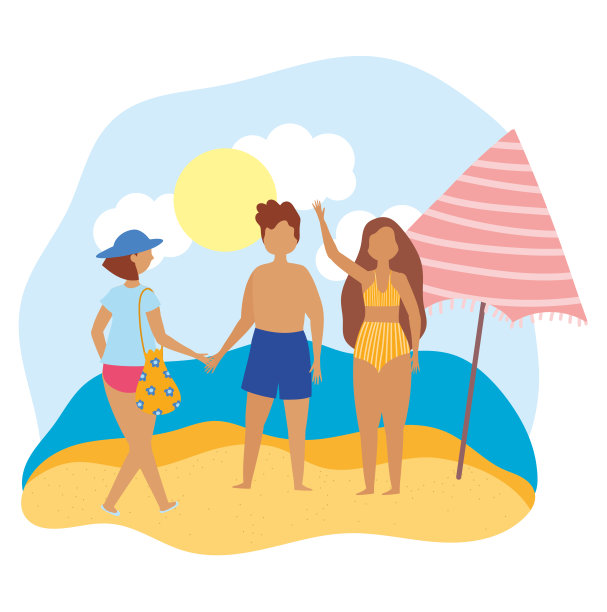 夏季人们活动时，男女带着雨伞在沙滩上、海边放松和户外表演休闲图片下载