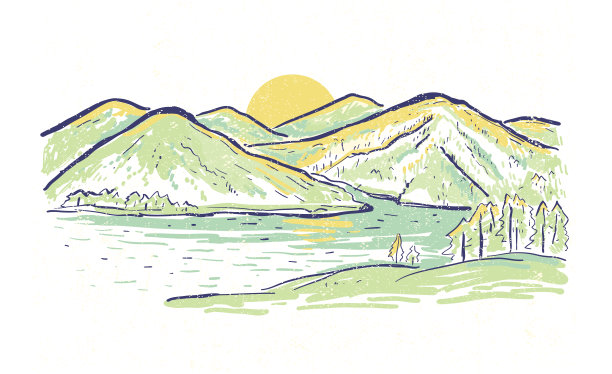 水平景观矢量素描彩色插图与山和湖在日落。夏天浪漫的背景。Grunge手绘设计图片下载