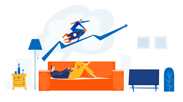 年轻人躺在沙发上，在家工作。梦想着自己事业上的成功。商人赚了很多钱。自我隔离和自雇概念图片下载