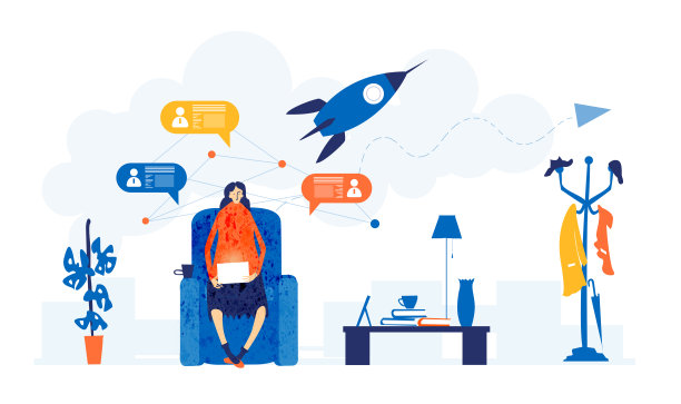 年轻女性个体经营，在家工作，自我隔离，梦想着职业发展，回到办公室，与同事一起工作，取得个人成就。图片下载