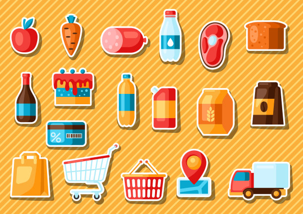 超市食品、自助服务和送货贴纸。图片下载