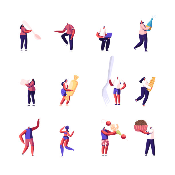 小男性和女性角色与巨大的勺子，香槟瓶和糖果，甘蔗糖，叉子和意大利面杯蛋糕和虾串。人们庆祝节日。卡通矢量图图片下载