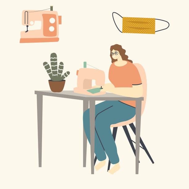 新冠肺炎大流行隔离期间在家缝制医用口罩的女性角色自我隔离志愿者使用机器为新冠肺炎患者制作防护口罩。线性向量插图图片下载