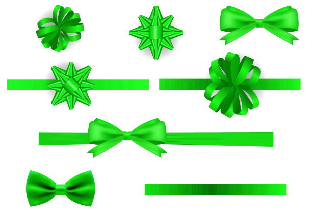 现实的设置礼物蝴蝶结绿色与丝带。比赛或成就的装饰，装饰和节日设计。图片下载