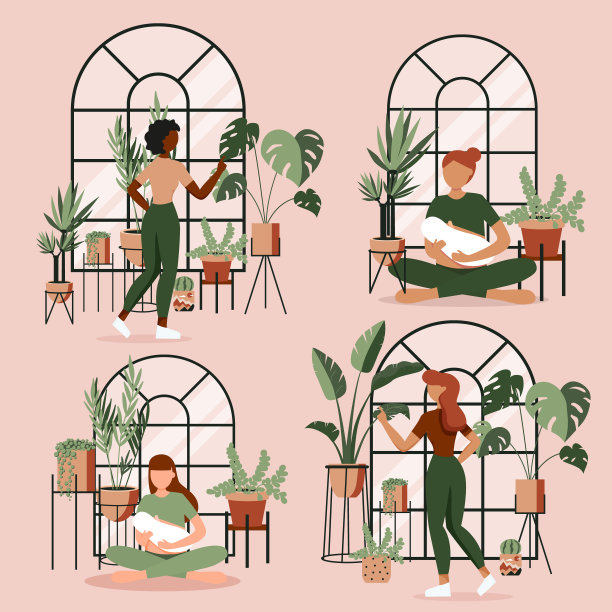 年轻的妇女母乳喂养她的新生儿在荷花姿势在家庭丛林。植物夫人温室。套可爱的植物在花盆，仙人掌，热带叶，怪物。家居室内装饰元素。图片下载