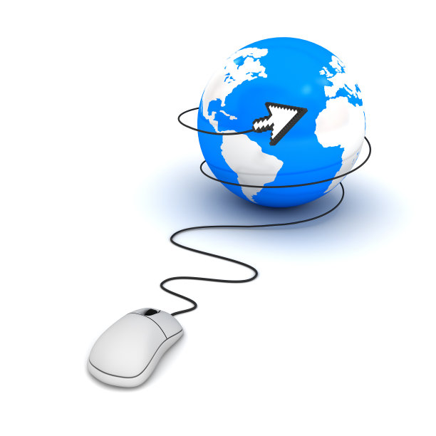 地球地球仪与电脑鼠标光标在白色背景的互联网概念图片下载