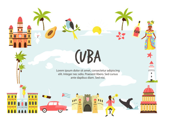 印有古巴著名景点和地标的旅游海报。探索古巴概念形象。图片下载